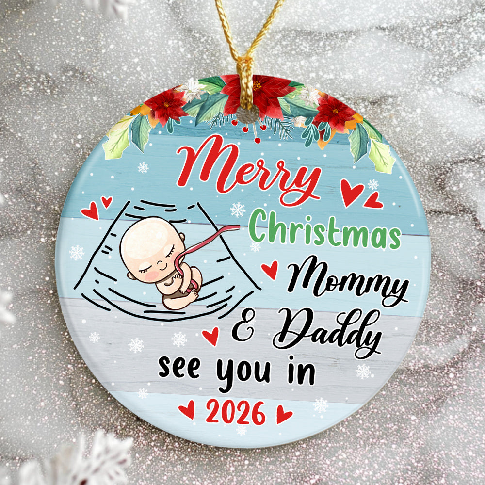 Mom To Be Gifts, Merry Christmas As Mommy & Daddy Sleeping Baby Bump, Custom Baby Announcement Circle Ornament, Holiday Decor, Maternity Circle Ornament Gifts For New Mommy