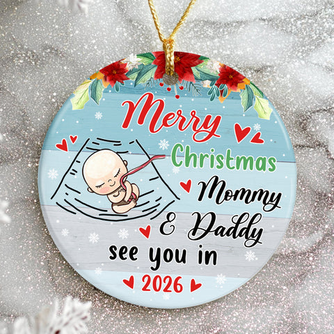 Mom To Be Gifts, Merry Christmas As Mommy & Daddy Sleeping Baby Bump, Custom Baby Announcement Circle Ornament, Holiday Decor, Maternity Circle Ornament Gifts For New Mommy