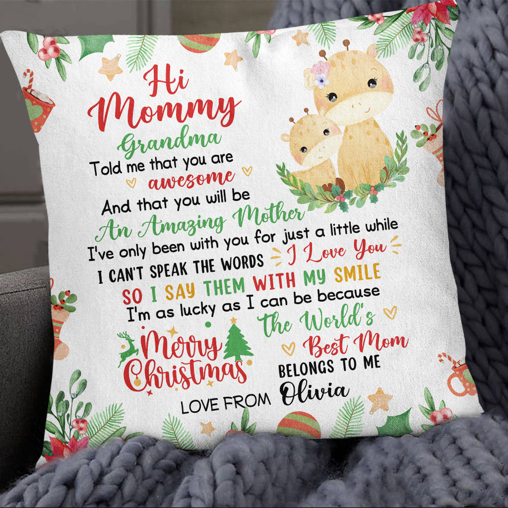 Personalized Square Pillow For New Mom From Family Pregnancy Gifts Grandma Told Me That You Are Awesome Merry Christmas Giraffe Custom Name Double Sided Sofa Couch Cushion On Christmas