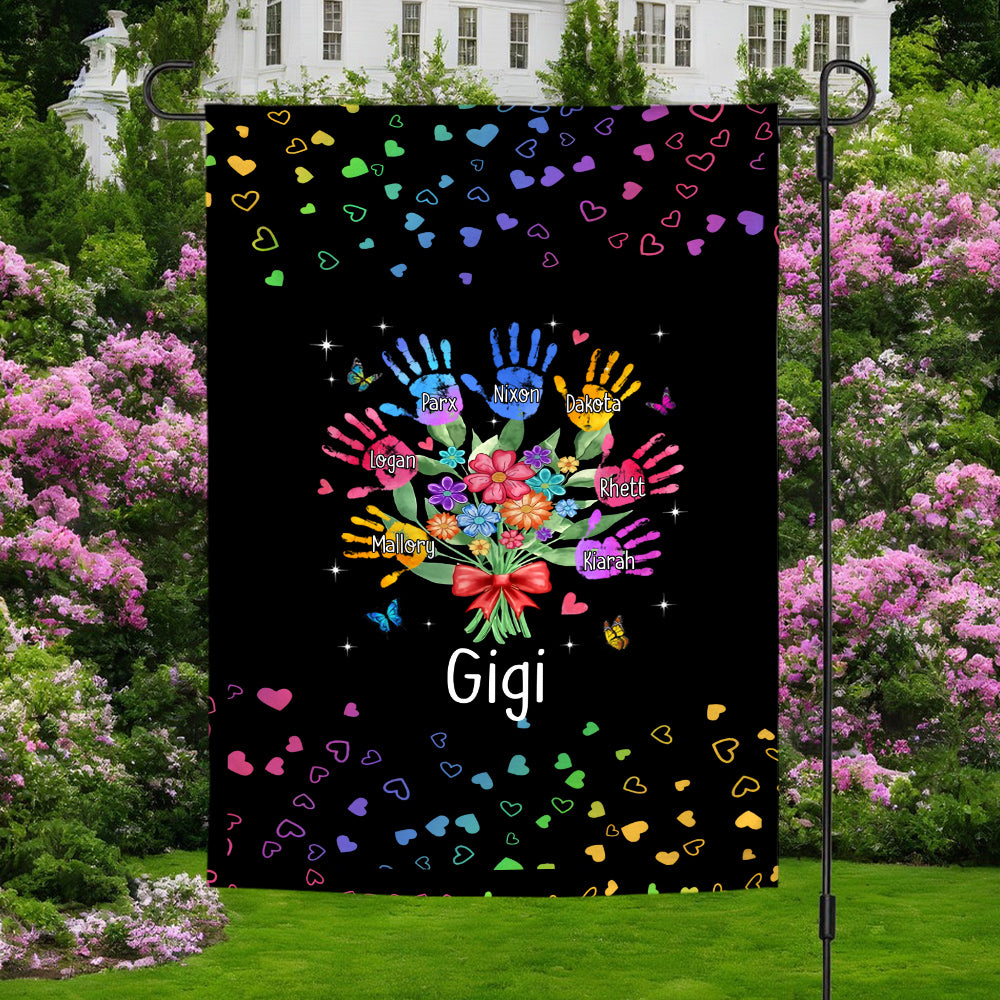 Personalized Grandkids Handprint Garden Flag, Custom Gigi Flower Bouquet Outdoor Banner, Rainbow Hearts Yard Lawn Decor,Grandchildren Names Yard Decor