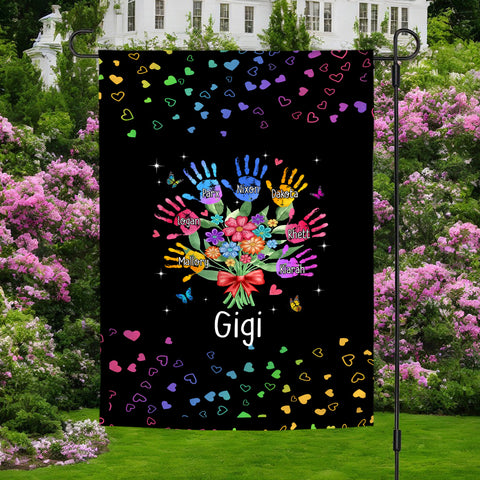 Personalized Grandkids Handprint Garden Flag, Custom Gigi Flower Bouquet Outdoor Banner, Rainbow Hearts Yard Lawn Decor,Grandchildren Names Yard Decor