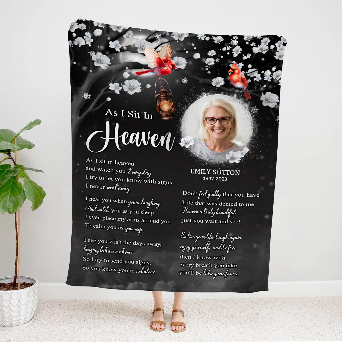 Sympathy Gifts, Memorial Blanket With Photo, In Memory Blanket, Heaven Watching Over Message, Portrait Photo Area, Lantern And Red Birds Artwork, Comfort Verse About Heaven, Loss Of Mom