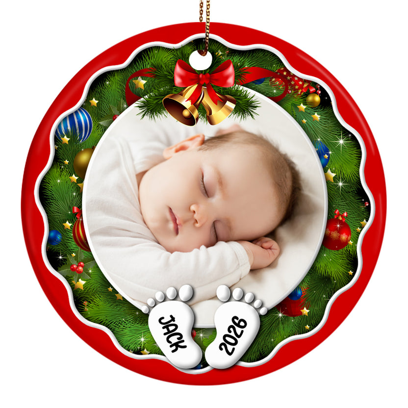 Family Gifts, Xmas Frame Custom Photo Baby Cute With Feet Name & Year, Baby First Christmas Keepsake, Custom Family Photo Tree Decoration, Newborn Milestone Hanging, Xmas Tree Decor