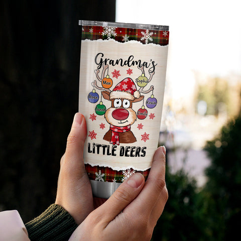 Grandmas Little Deers Custom Tumbler, Personalized Christmas Reindeer Ornament Travel Cup, Insulated Cup, Cute Festive Reindeer Name Travel Tumbler,  Gifts For Nana From Grandkids, 20oz