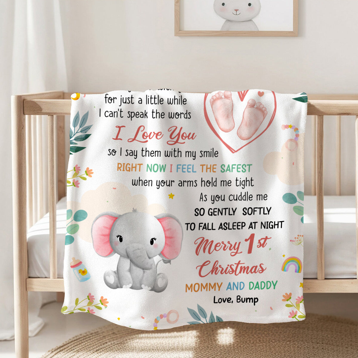 Merry 1st Christmas Mommy Daddy I've Only Been With You A While Footprint Baby Elephant, Personalized Blanket, Gifts For New Parents, Fleece Sherpa Blanket, New Parents Xmas Christmas