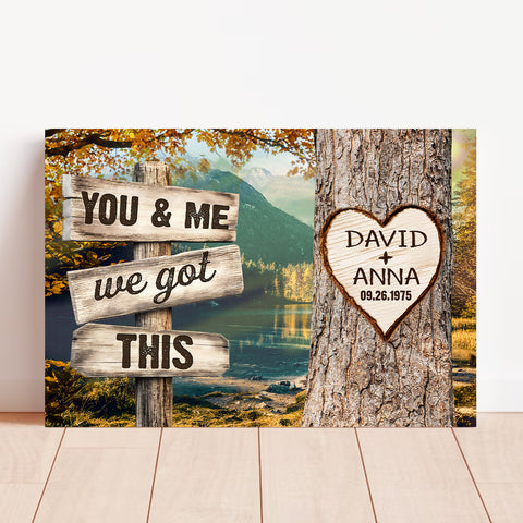 Personalized Couple Poster We Got Rustic Wood Sign Print Custom Name & Date Heart On Tree Autumn Forest Landscape, You & Me, Gifts For Him Her From Honey, Canvas Prints Wall Decor