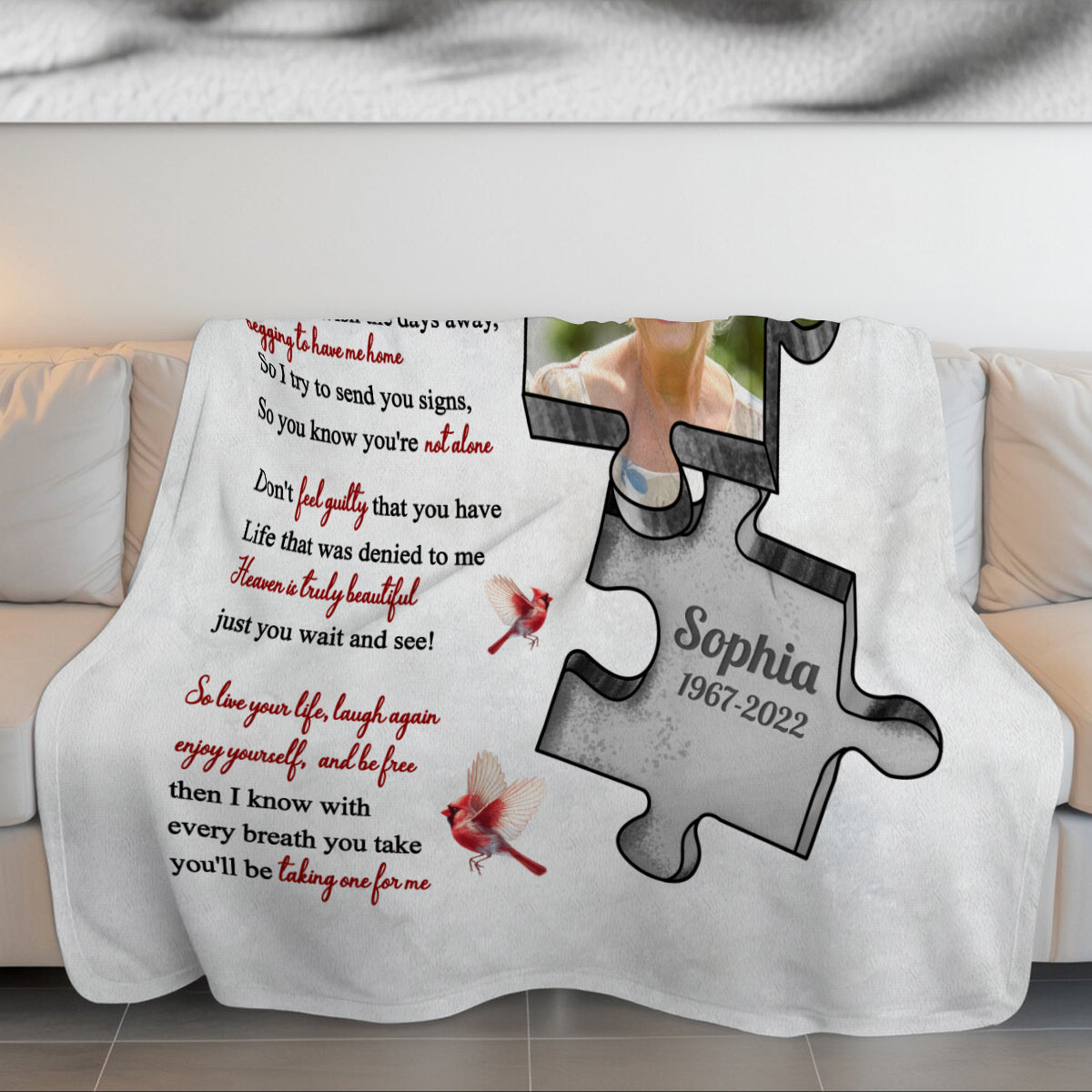 Sympathy Gifts, Memorial Blanket With Photo, In Memory Blanket, Remembrance Words From Heaven, Portrait Image With Symbolic Shape, Watching Over From Heaven Message, Loss Of Mom Dad
