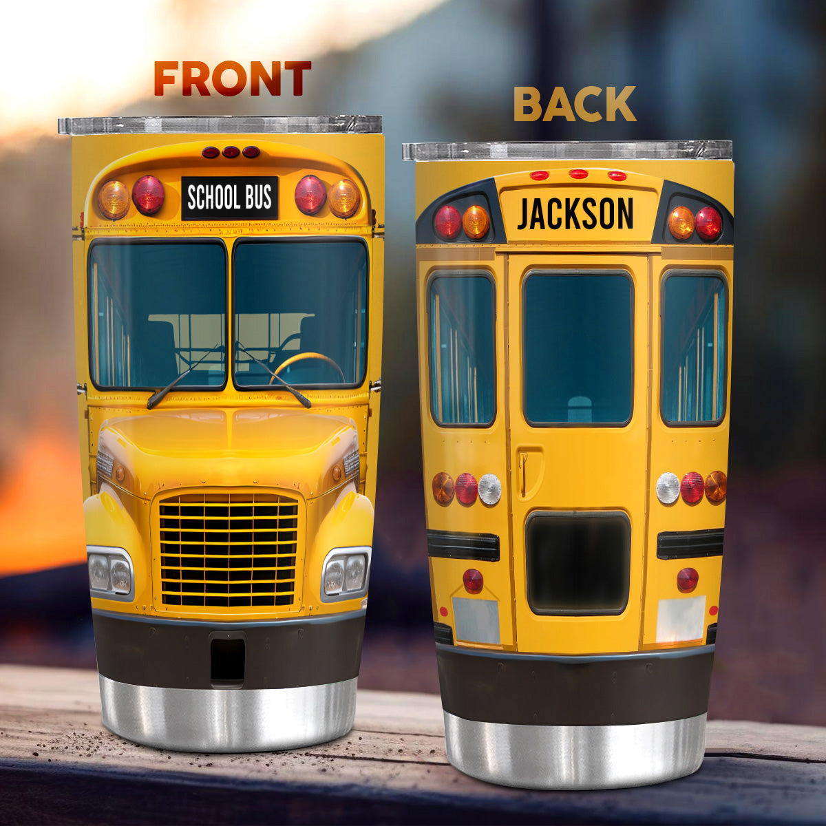 Personalized Tumbler For Men Dad Husband Coworker From Family Friends Custom Name Tumbler, Insulated Stainless Steel Travel Cup, School Bus Front And Back View Design, For Teacher