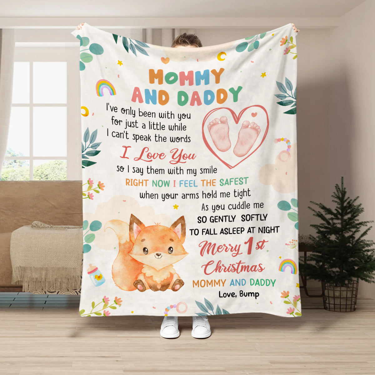 Merry 1st Christmas Mommy Daddy I've Only Been With You A While Footprint Baby Fox, Personalized Blanket, Gifts For New Parents, Fleece Sherpa Blanket, New Parents, Gifts For Xmas