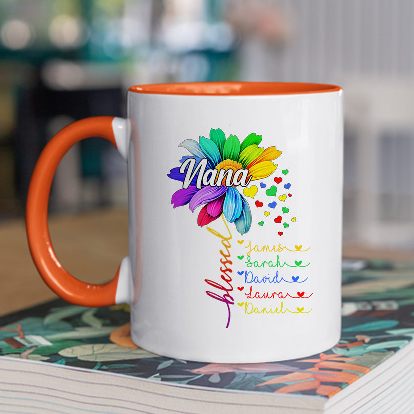 Personalized Coffee Mug For Nana From Grandson Blessed Nana Rainbow Colorful Flowers Custom Name Novelty Ceramic Cup 11 15Oz Gifts Ideas For Grandma On Birthday Mothers Day Valentines Day