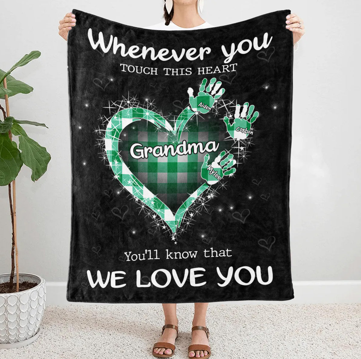 Funny Gifts For Grandma, Whenever You Touch This Heart Handprints Teal Plaid, Personalized Blanket, Gifts For Glamma Blanket