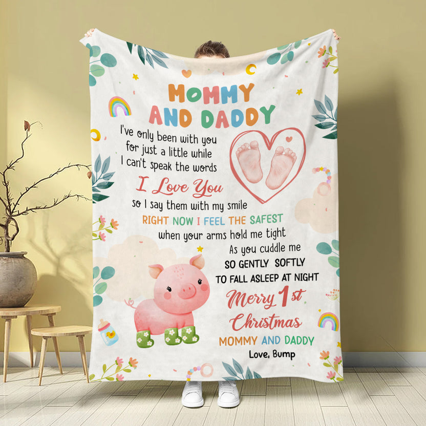 Merry 1st Christmas Mommy Daddy I've Only Been With You A While Footprint Baby Pig, Personalized Blanket, Gifts For New Parents, Fleece Sherpa Blanket, New Parents, Gifts For Xmas