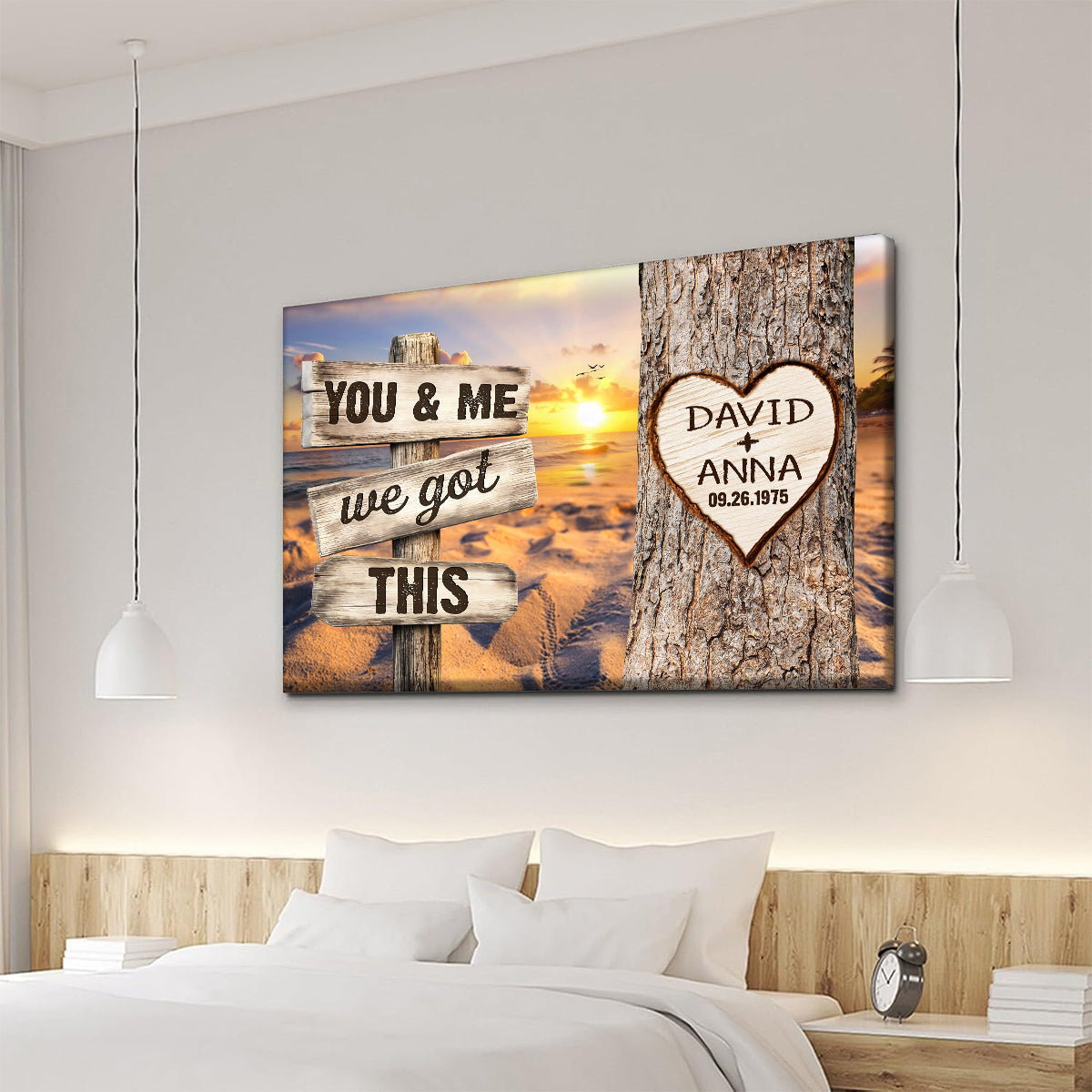 You & Me, We Got Rustic Wood Sign With Tree Heart & Sunset Beach, Personalized Canvas Wall Art, Gifts For Him Her, Poster Prints Wall Decor, Gifts For Valentine Anniversary