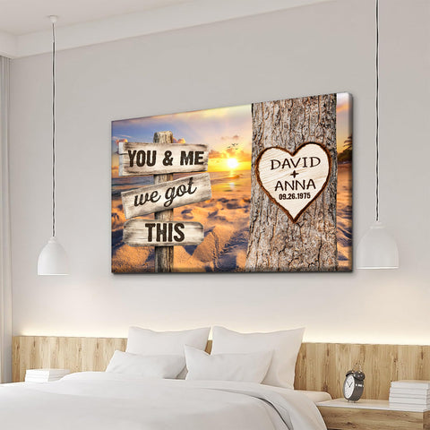 You & Me, We Got Rustic Wood Sign With Tree Heart & Sunset Beach, Personalized Canvas Wall Art, Gifts For Him Her, Poster Prints Wall Decor, Gifts For Valentine Anniversary