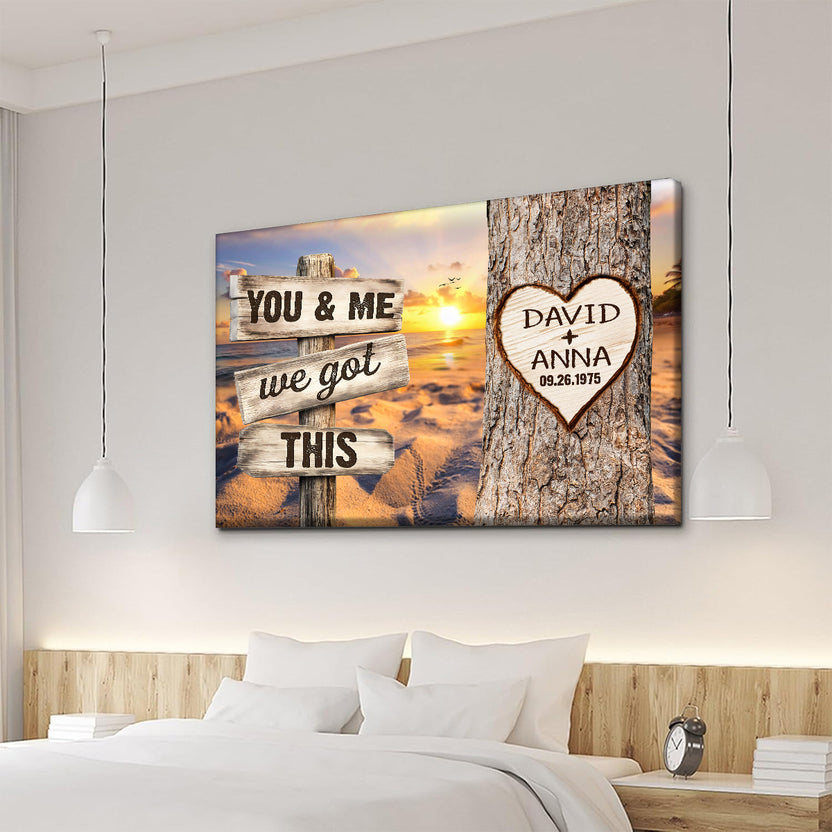 You & Me, We Got Rustic Wood Sign With Tree Heart & Sunset Beach, Personalized Canvas Wall Art, Gifts For Him Her, Poster Prints Wall Decor, Gifts For Valentine Anniversary