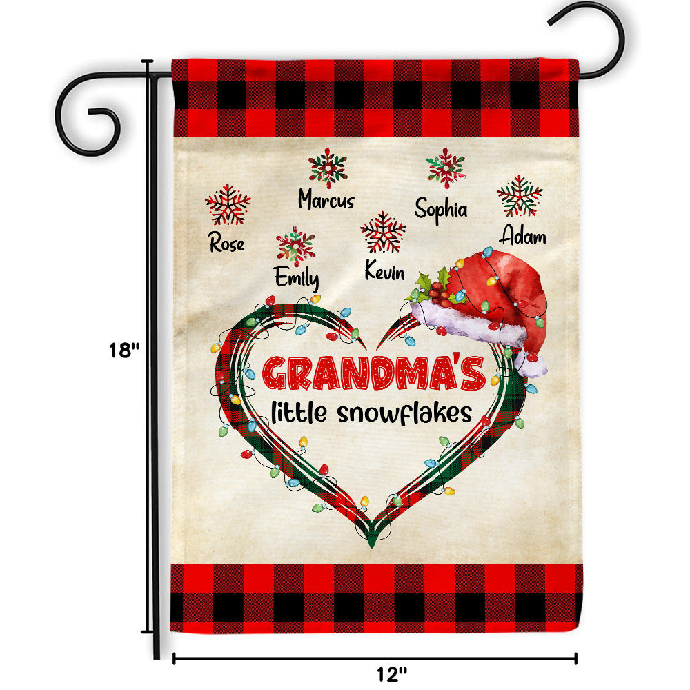 Custom Grandmas Little Snowflakes Flag, Christmas Plaid Heart Santa Hat Names Yard Sign, Holiday Season Lawn Decor, Custom Grandchildren Name Banner,  Gifts For Nana From Grandkids