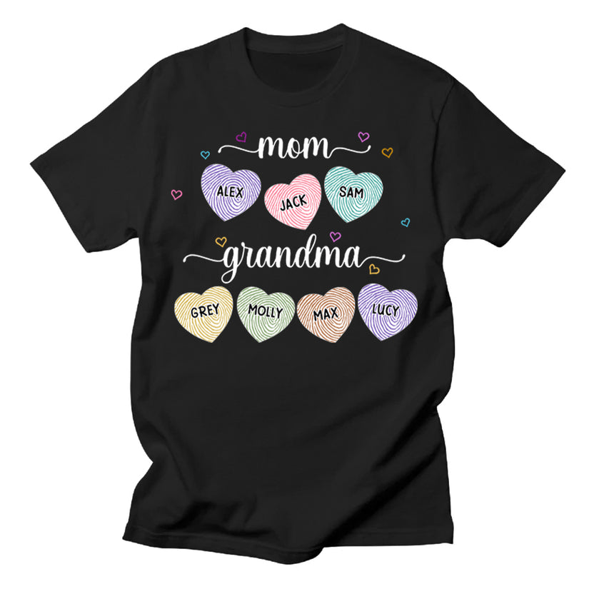Personalized Shirt For Grandparents From Grandkids Mom Grandma Heart Fingerprints Custom Name Funny Gifts For Grandma Short Sleeve Tops Tee T-Shirt For Birthday Mothers Day Meaningful Gifts
