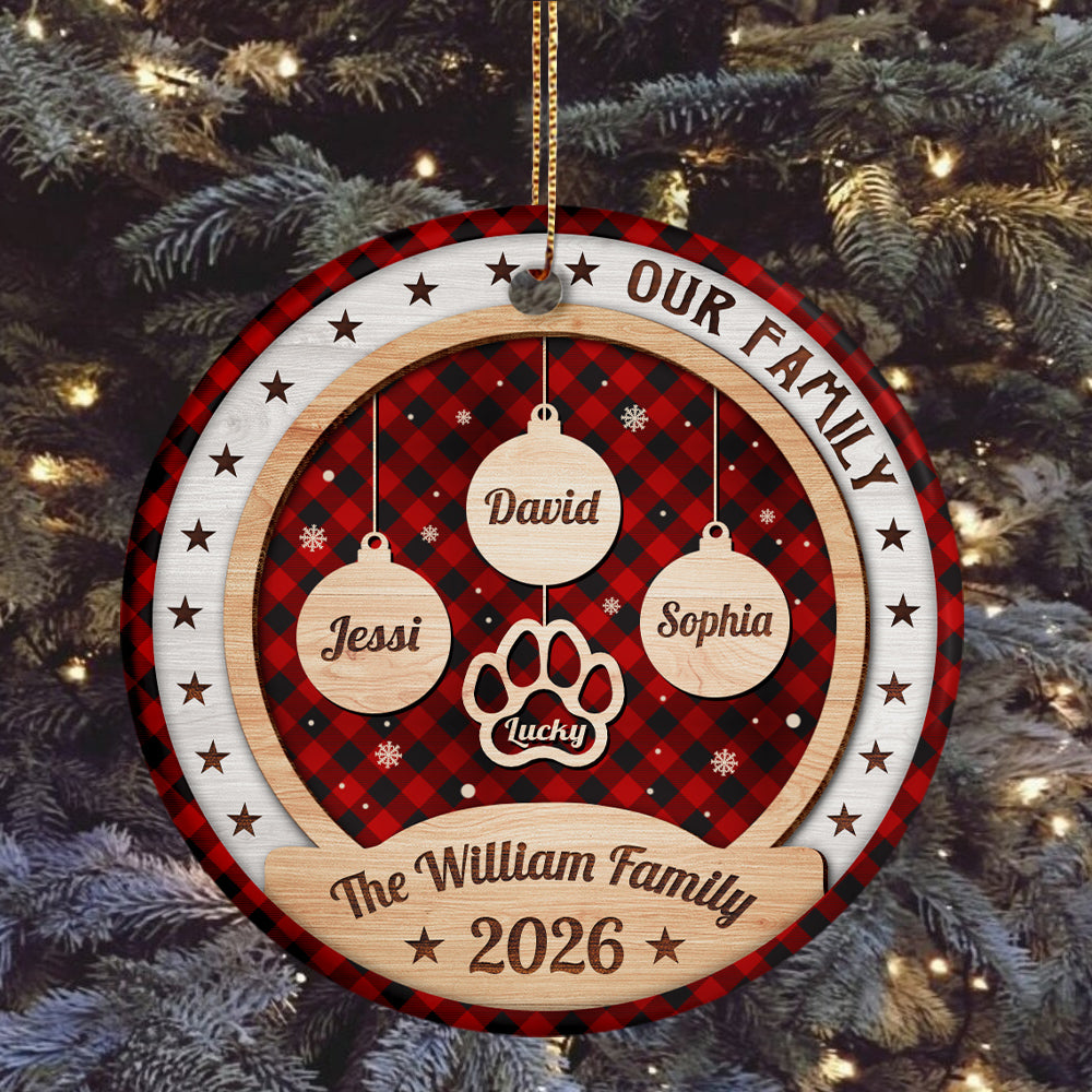 Personalized Ornament For Parents Grandparents Kids Grandkids Family Gifts Our Family Bauble Pawprint With Names Red Plaid Snowflake, Dog Lover Tree Decor Keepsake, Custom Names