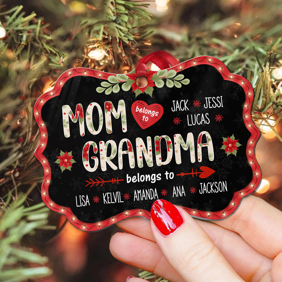 Mom Grandma Belongs To Ornament, Personalized Christmas Gift For Grandma, Custom Grandkids Names, Holiday Poinsettia Plaid Ornament