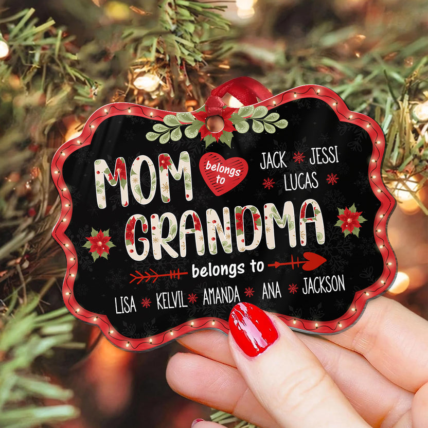Mom Grandma Belongs To Ornament, Personalized Christmas Gift For Grandma, Custom Grandkids Names, Holiday Poinsettia Plaid Ornament