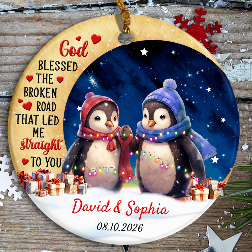 God Blessed The Road That Led Me To You Cute Penguin Couple Crescents Moon, Penguin Couple Holiday Keepsake, Couples Christmas Ornament, Tree Decor, Personalized Christmas Ornament