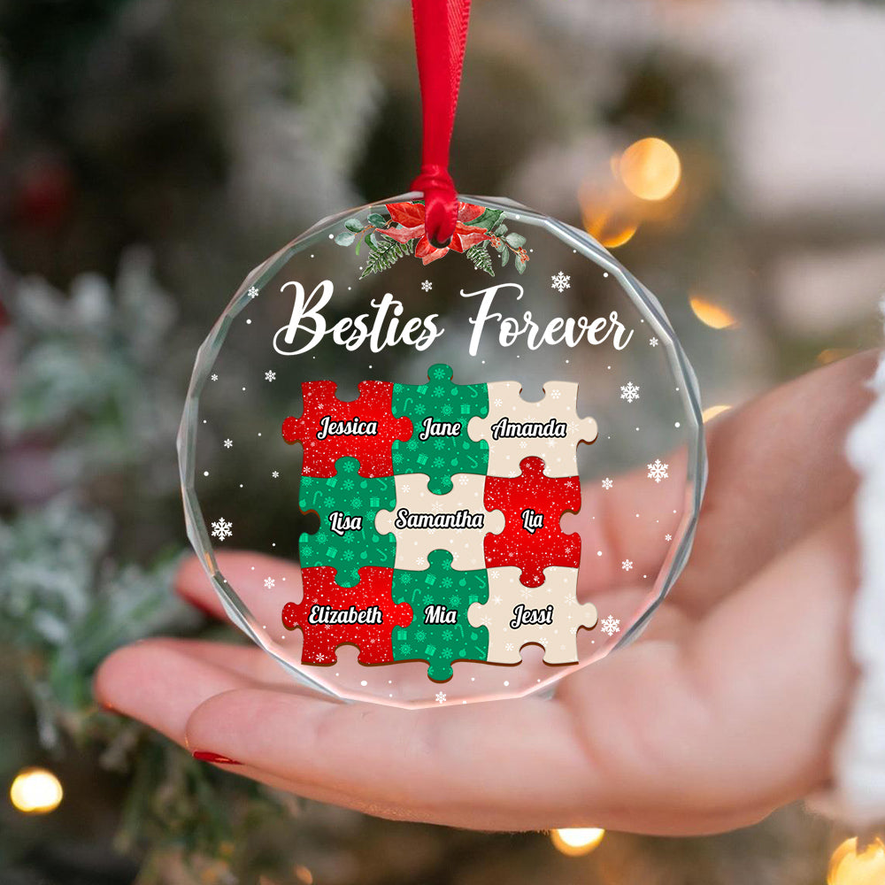 Personalized Besties Forever Glass Ornament, Custom Puzzle Piece Friends Ornament, Best Friend Christmas Gift, Name Glass Keepsake
