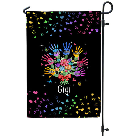 Personalized Grandkids Handprint Garden Flag, Custom Gigi Flower Bouquet Outdoor Banner, Rainbow Hearts Yard Lawn Decor,Grandchildren Names Yard Decor