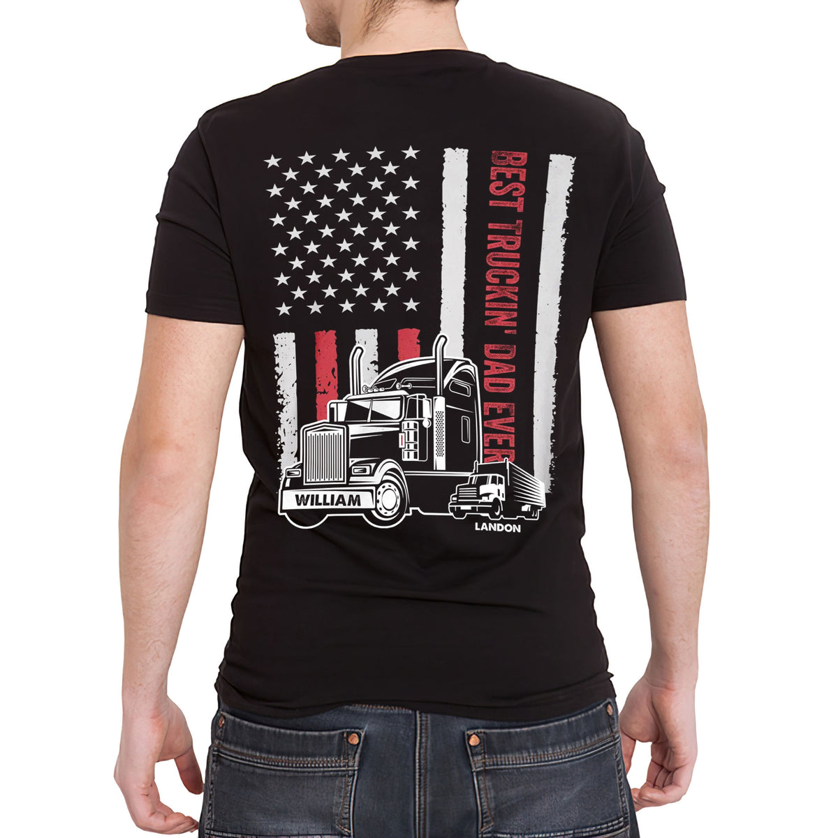Personalized T-Shirt For Trucking Dad Father From Son Daughter Gifts For Dad Awesome Truckin' Dad Ever Vintage Flag Trucker Custom Name Short Sleeve Tops Tee Shirt For Father's Day