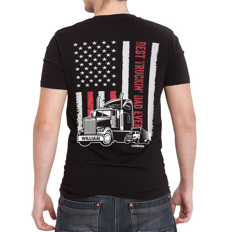 Personalized T-Shirt For Trucking Dad Father From Son Daughter Gifts For Dad Awesome Truckin' Dad Ever Vintage Flag Trucker Custom Name Short Sleeve Tops Tee Shirt For Father's Day