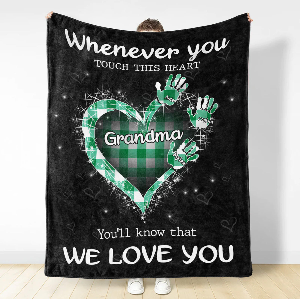 Funny Gifts For Grandma, Whenever You Touch This Heart Handprints Teal Plaid, Personalized Blanket, Gifts For Glamma Blanket