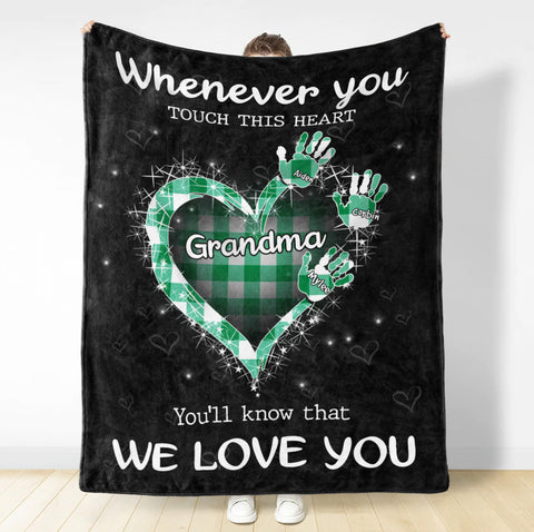Funny Gifts For Grandma, Whenever You Touch This Heart Handprints Teal Plaid, Personalized Blanket, Gifts For Glamma Blanket