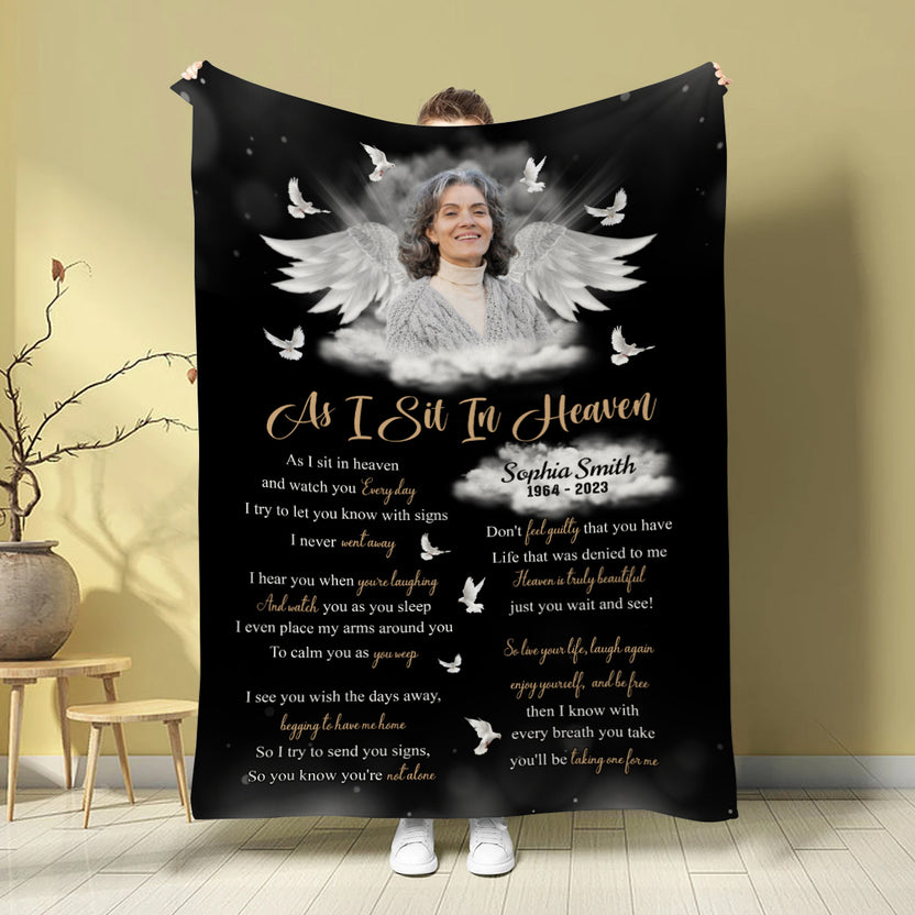 Sympathy Gifts, Memorial Blanket With Photo, Memorial Keepsake Blanket, Angel Wing Silhouette With Doves, Tribute Custom Name, Comfort Verse  Doves And Clouds, Loss Of Mom Dad Blankets