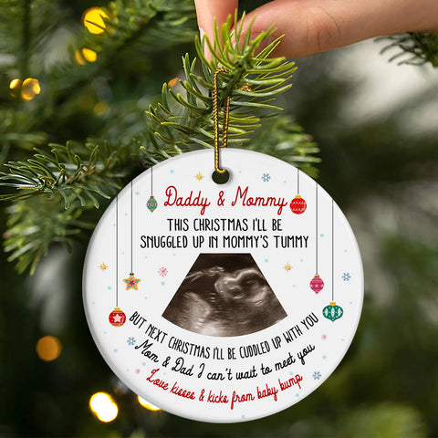 Daddy & Mommy Ultrasound Ornament, Snuggled In Mommy’s Tummy Quote, Pregnancy Reveal Xmas Gift, Custom Sonogram Photo Baby Bump Keepsake