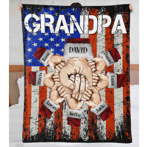 Personalized Blanket For Grandfather Poppy From Grandchildren Poppy Fist Bump Holding Hand With Heart Flag Custom Name Grandpa Gifts Ideas Fleece Sherpa Blanket For Christmas Couch Bed Sofa