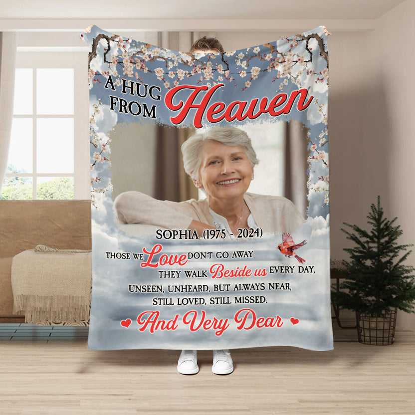 Sympathy Gifts, Personalized Memorial Blanket With Photo, A Hug From Heaven Those Love Don't Go Red Bird, Loss Of Grandma Mother Blanket, Fleece Sherpa, Grieving Gifts For Anniversary
