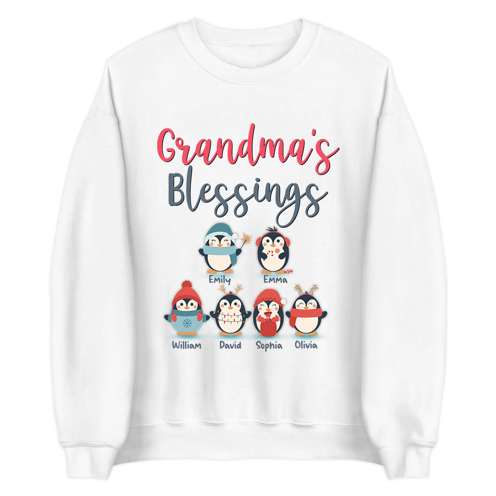 Personalized T-Shirt For Grandma From Grandchildren Gifts For Grandparents Cute Cartoon Penguins Grandma's Blessings Custom Name Short Sleeve Tee Shirt For Christmas Xmas Birthday