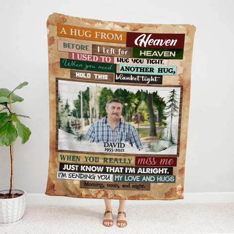 Memorial Blanket With Photo, A Hug From Heaven Before I Left For Heaven  Used To Hug You Tight. I'm Sending You My And Hugs