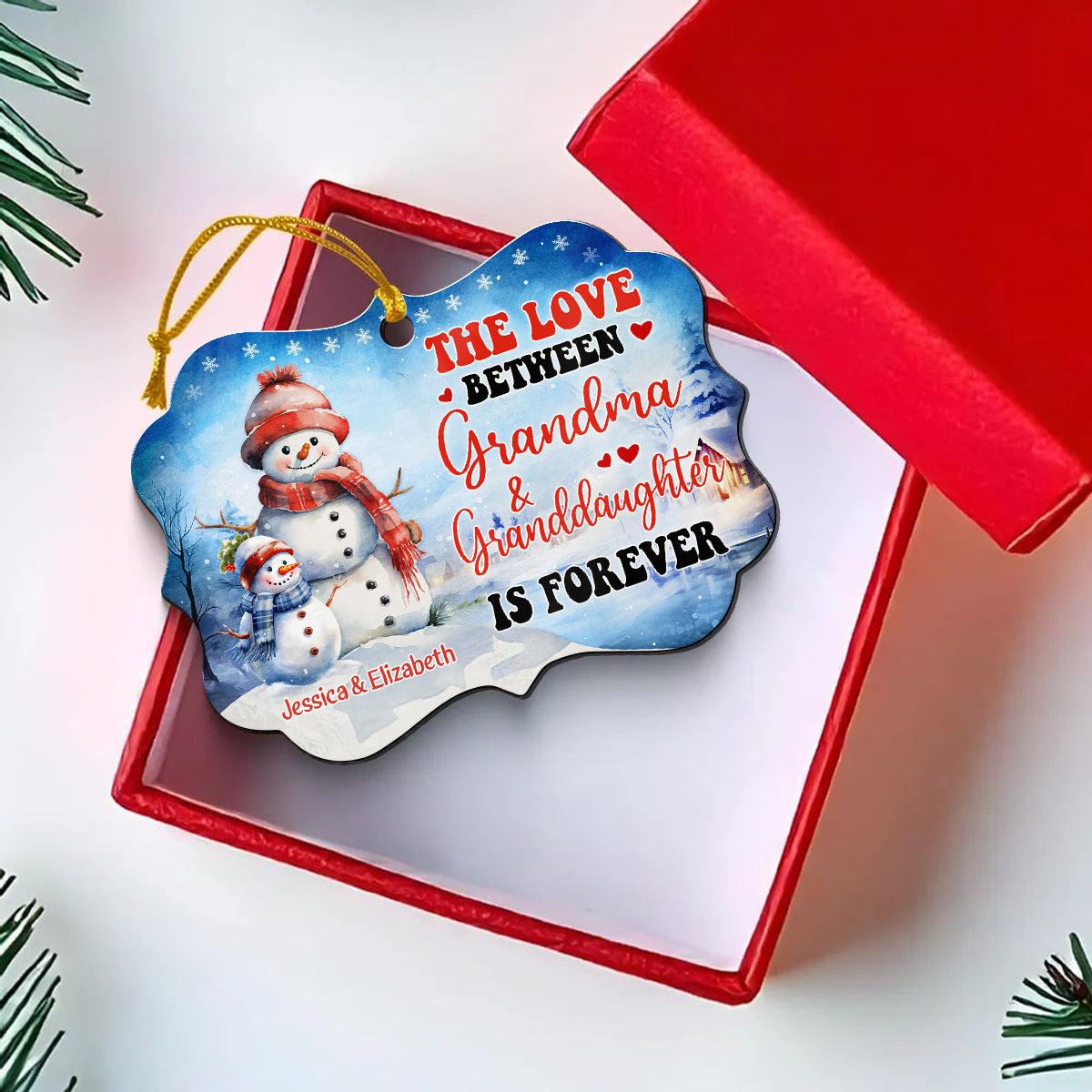 Grandma Gifts, Cute Xmas Winter The Love Between Grandma & Granddaughter Is Forever, Aluminum Ornament For Grandmother Women
