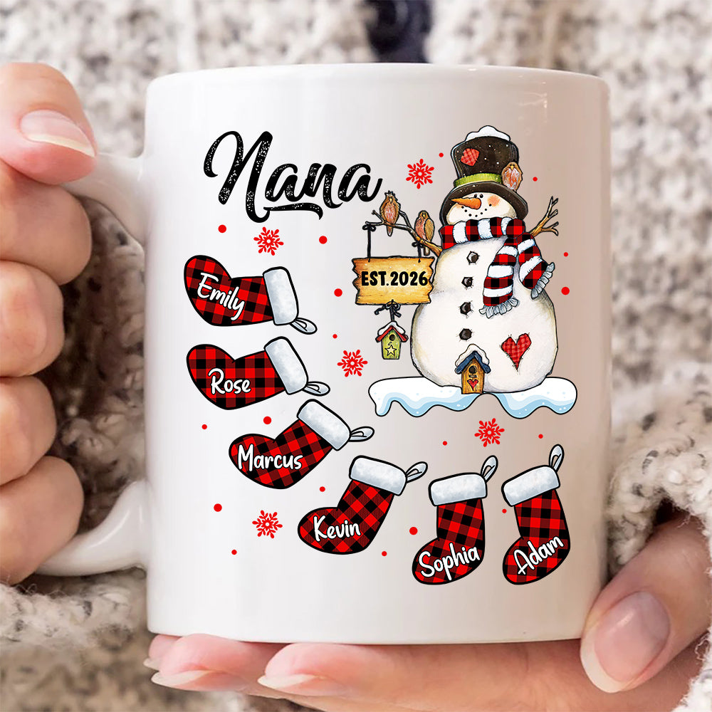 Grandma Gifts, Custom Nana Est Year Mug, Buffalo Plaid Christmas Stocking Cup, Personalized Grandchild Name Drinkware, Holiday Family Drinkware, Festive Drinkware, Personalized Coffee Mug, Gifts For Nana From Grandkids, Novelty Ceramic Cup 11 15oz, Gifts