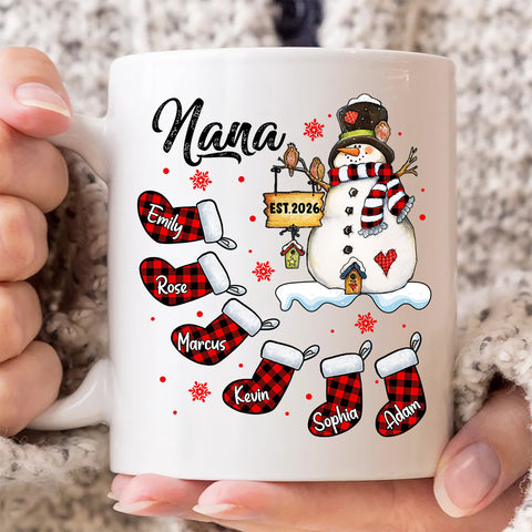 Grandma Gifts, Custom Nana Est Year Mug, Buffalo Plaid Christmas Stocking Cup, Personalized Grandchild Name Drinkware, Holiday Family Drinkware, Festive Drinkware, Personalized Coffee Mug, Gifts For Nana From Grandkids, Novelty Ceramic Cup 11 15oz, Gifts