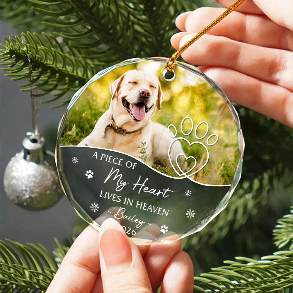 A Piece Of Heart Lives In Heaven Snowflake Pawdog. My Heart Lives In Heaven Glass Ornament, Xmas Tree, Pet Memorial Keepsake, Pet Memorial Ornament With Photo, Gifts For Loss Of Dog