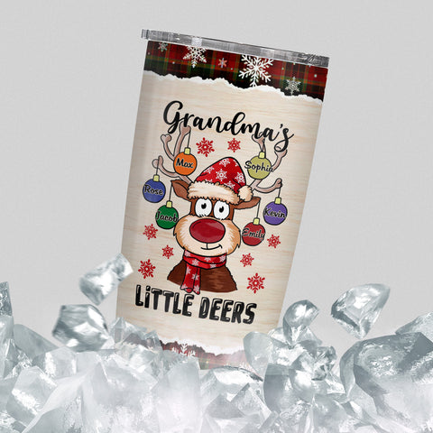 Grandmas Little Deers Custom Tumbler, Personalized Christmas Reindeer Ornament Travel Cup, Insulated Cup, Cute Festive Reindeer Name Travel Tumbler,  Gifts For Nana From Grandkids, 20oz