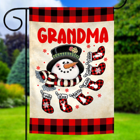 Grandma House Flag, Custom Christmas Grandkids Names Banner, Plaid Stockings Winter Outdoor Decor, Holiday Yard Decor, Grandma Christmas Garden Banner,  Gifts For Nana From Grandkids
