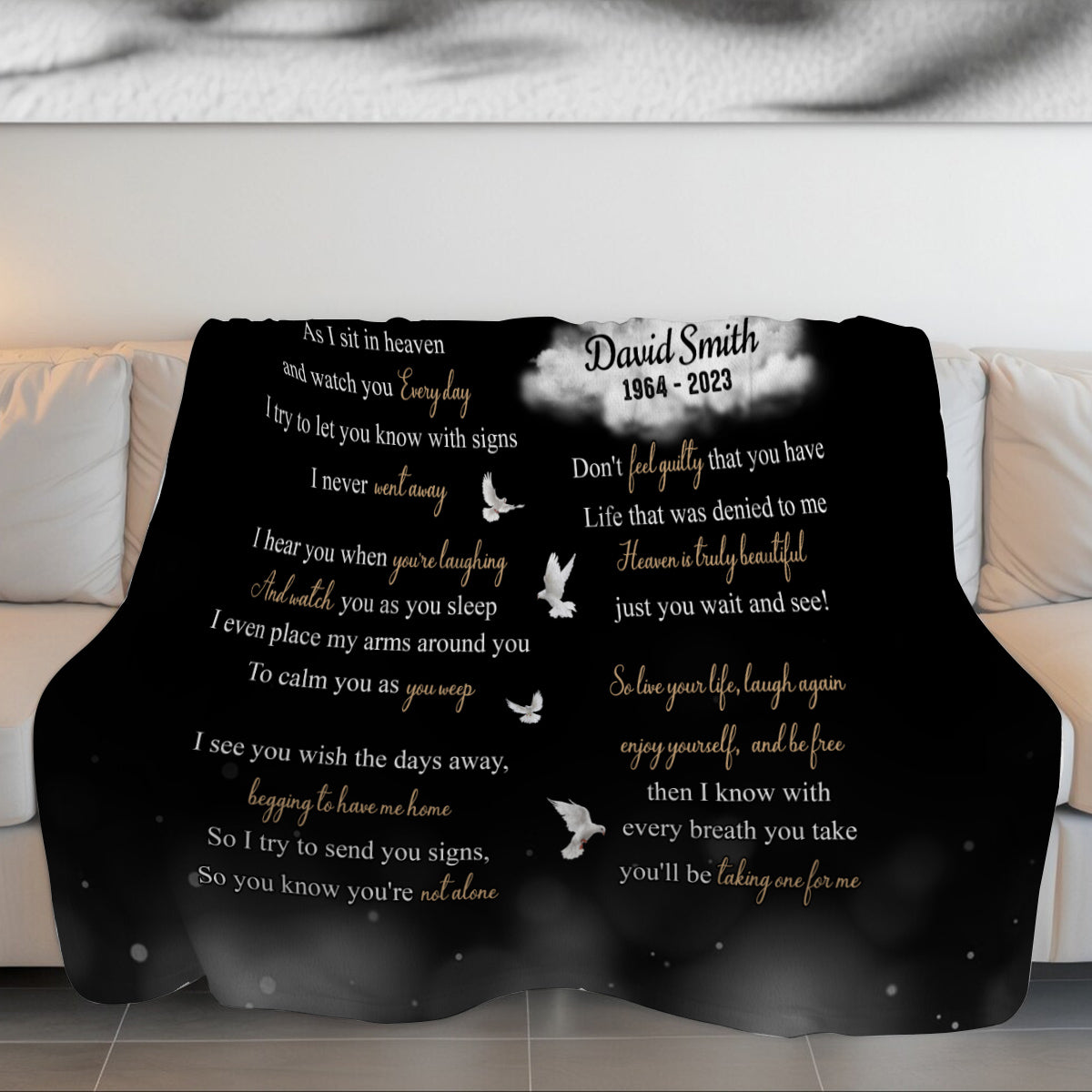 Sympathy Gifts, Memorial Blanket With Photo, Personalized Memorial Blanket, Heavenlies Angel Portrait Artwork, Remembrance Verse With Clouds And Doves, Spiritual Comfort Message