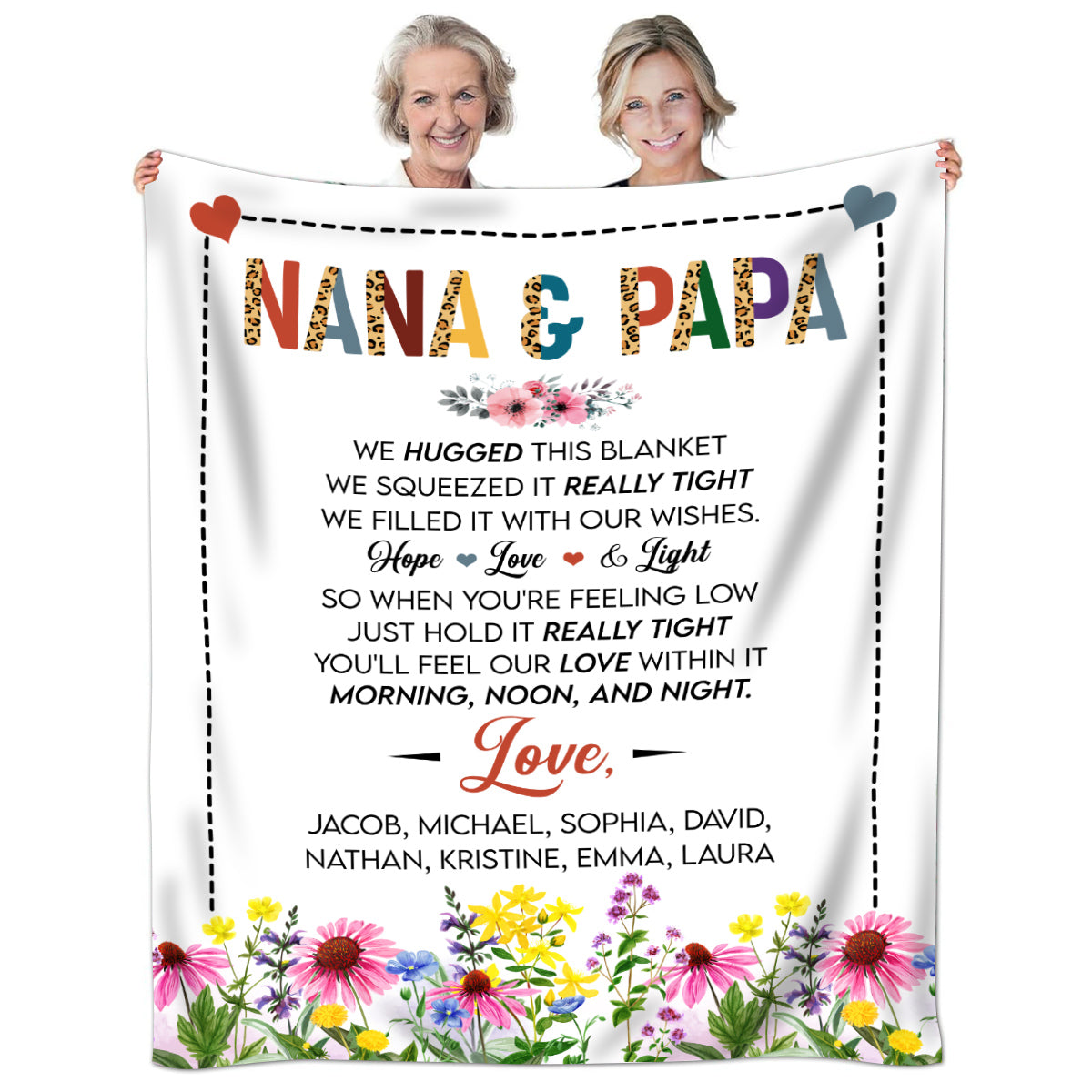 Grandma Gifts, Nana And Papa Blanket, Hugged And Squeezed Poem Message, Floral Border Artwork, Personalized Name, Personalized Blanket, Gifts For Nana From Grandkids, For Mother's Day