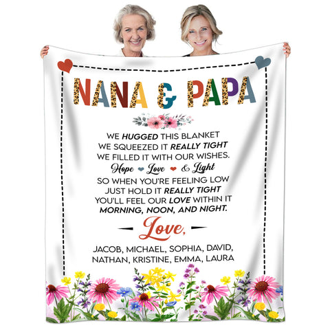 Grandma Gifts, Nana And Papa Blanket, Hugged And Squeezed Poem Message, Floral Border Artwork, Personalized Name, Personalized Blanket, Gifts For Nana From Grandkids, For Mother's Day