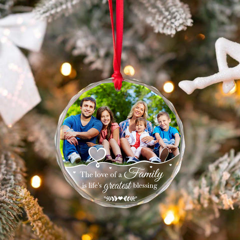 The Love Of A Family Is Life’S Blessing Ornament Personalized Glass Ornament Custom Photo Family Gifts Christmas Keepsake, Personalized Photo Christmas Idea Gifts For Mom Dad Parents