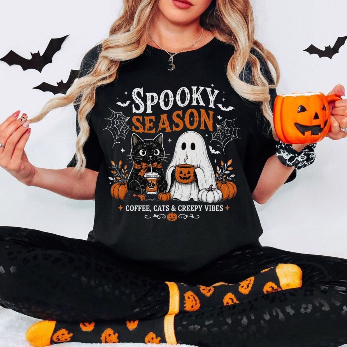 Spooky Season Coffee Cats & Creepy Vibes Shirt, Cute Black Cat Ghost Halloween Tee , Unisex Regular Fit Crewneck Tee, Casual Clothing