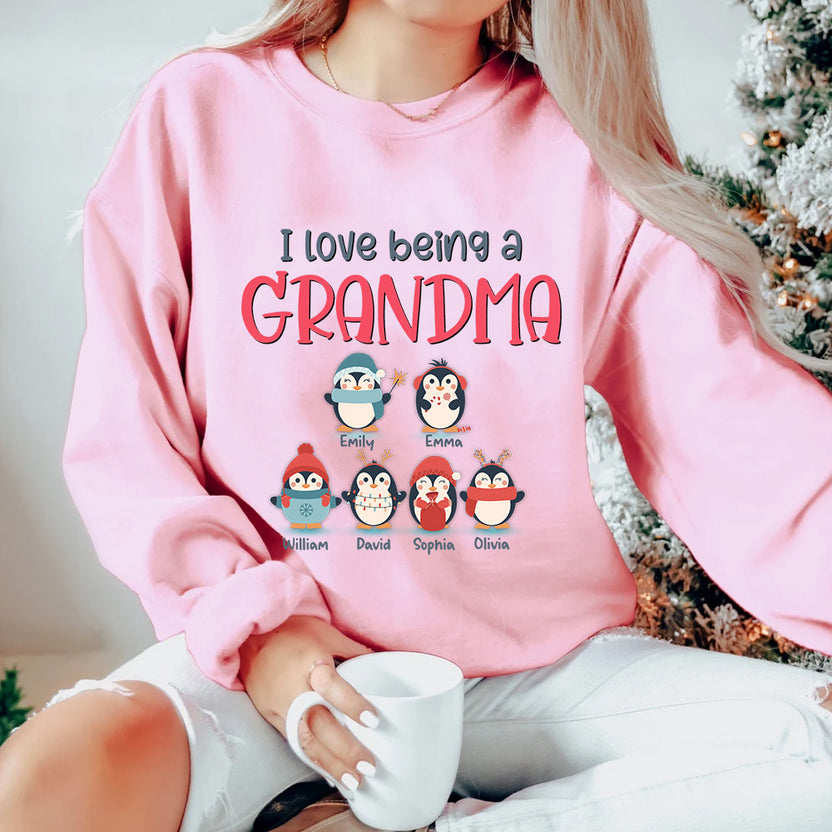 Personalized T-Shirt For Grandmother From Grandchildren Gifts For Grandparents Cute Baby Penguin I Love Being A Grandma Custom Name Short Sleeve Tee Shirt For Christmas Xmas Birthday