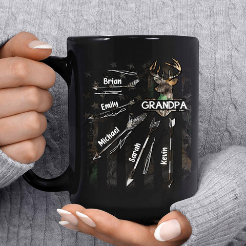 Personalized Coffee Mug For Poppy From Grandchildren Grandpa With Grandkids Deer Arrows Hunting Papa Custom Name Gifts For Grandpa Novelty 11 15Oz Ceramic Cup For Birthday Fathers Day